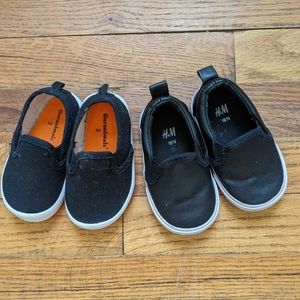 2 pairs of black slip ons